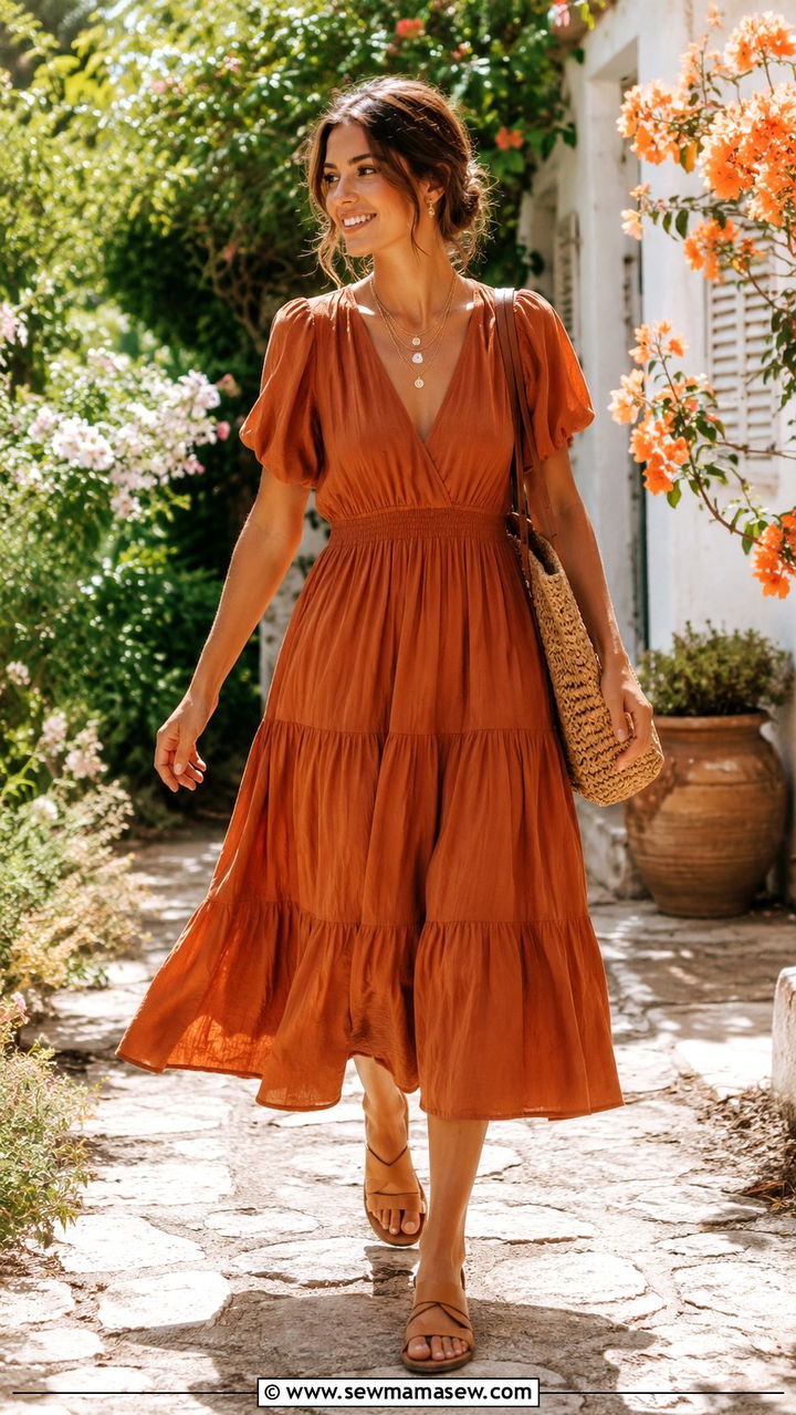 Burnt orange midi dress with sandals - 30 Burnt orange outfit ideas