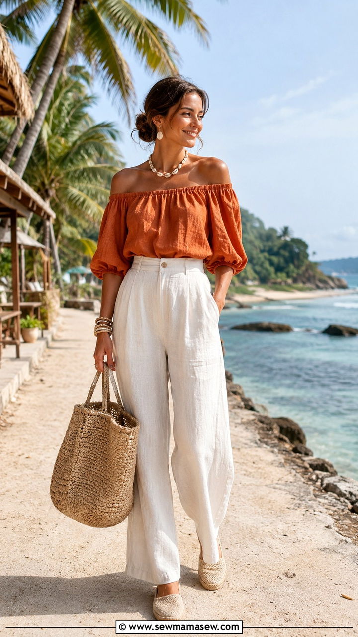 Burnt orange off shoulder top with linen pants - 30 Burnt orange outfit ideas