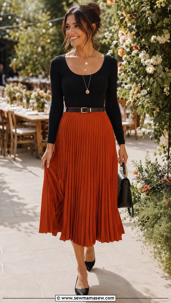 Burnt orange pleated skirt with bodysuit - 30 Burnt orange outfit ideas