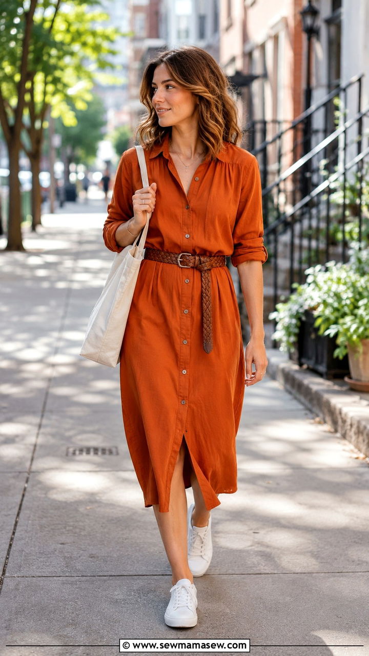 Burnt orange shirt dress with belt - 30 Burnt orange outfit ideas