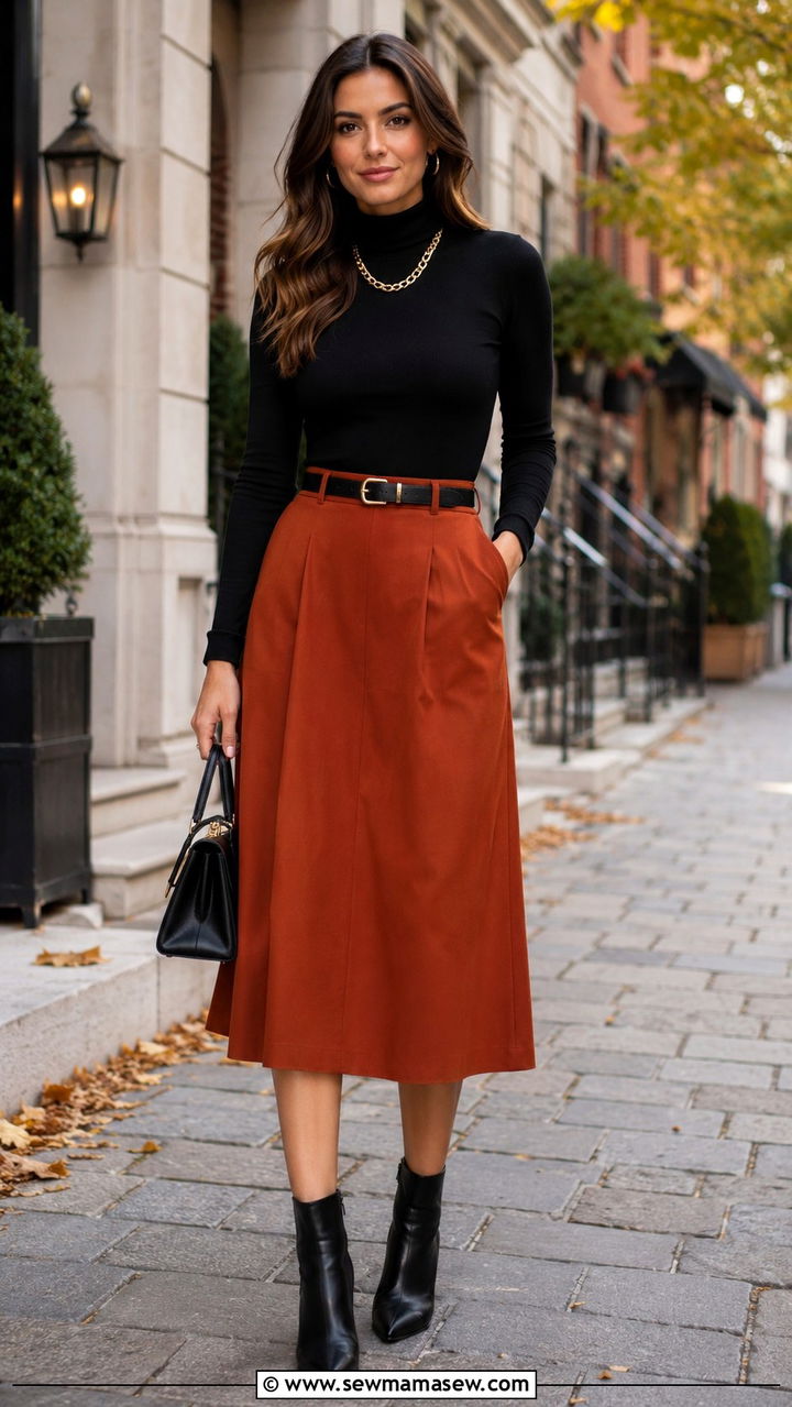 Burnt orange skirt with black top - 30 Burnt orange outfit ideas