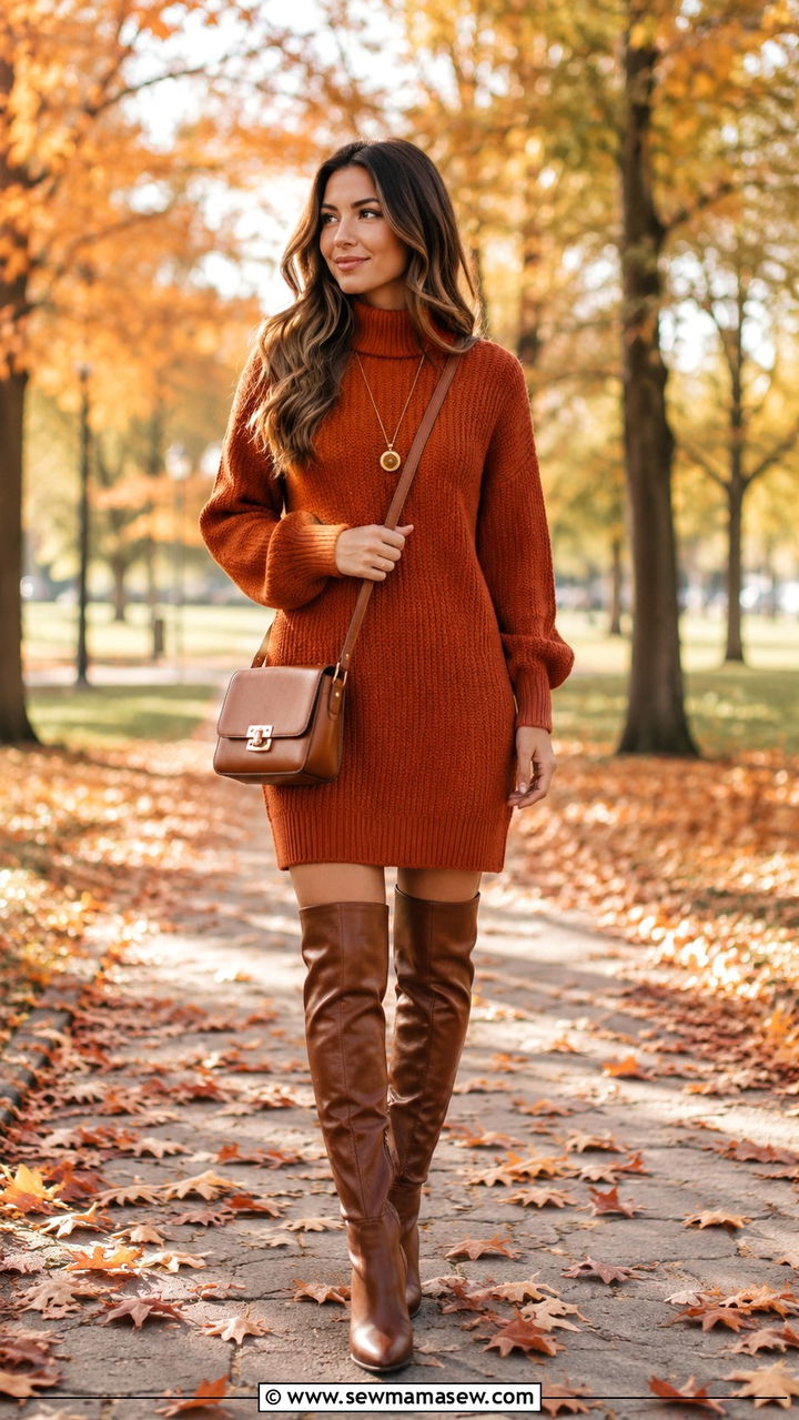 Burnt orange sweater dress with boots - 30 Burnt orange outfit ideas