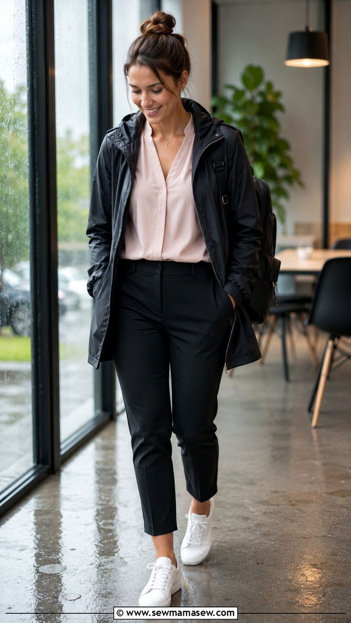 Business Casual Blouse With Cropped Trousers And Rain Jacket - 30 Rainy day work outfit ideas