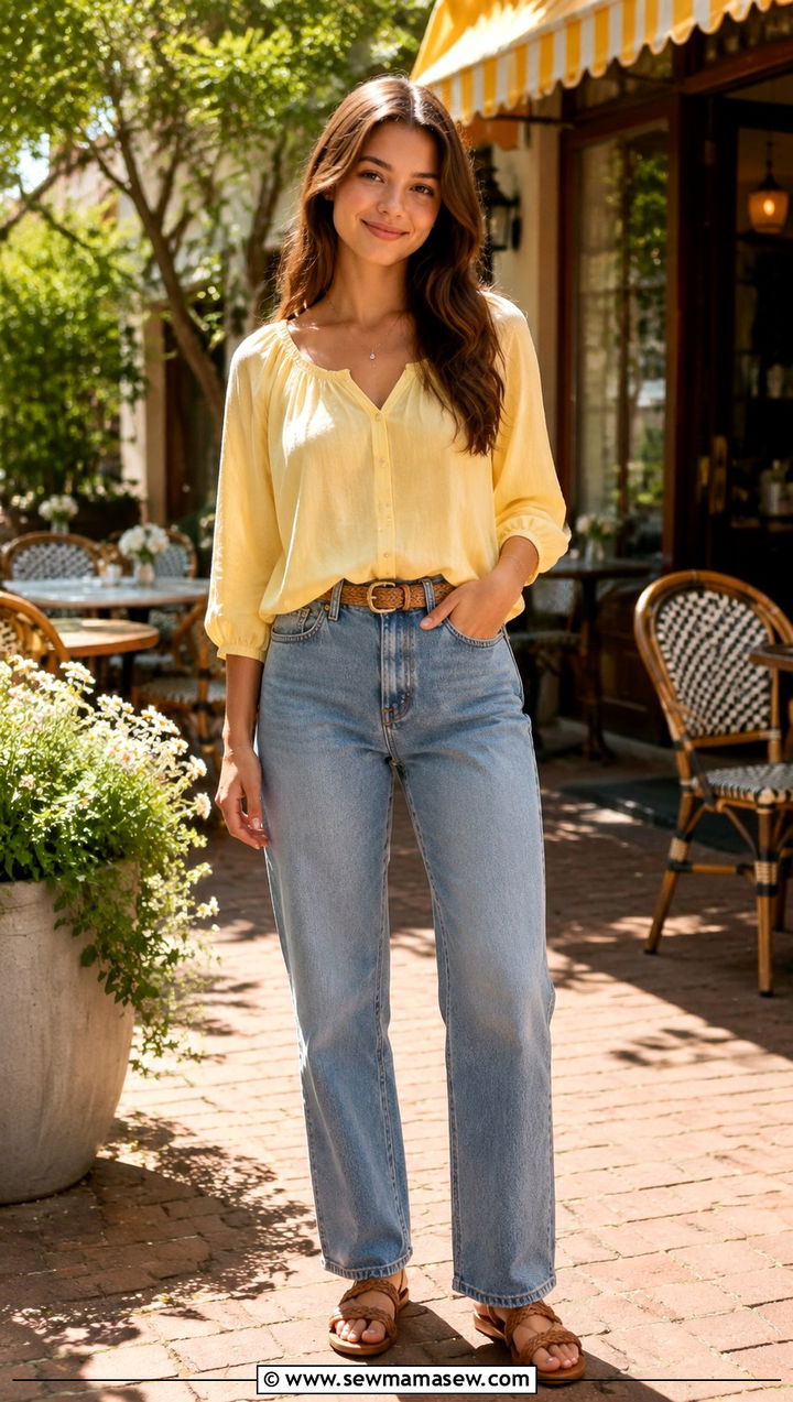 Butter Yellow Blouse With Straight Leg Jeans - 30 Spring outfits for teen girls
