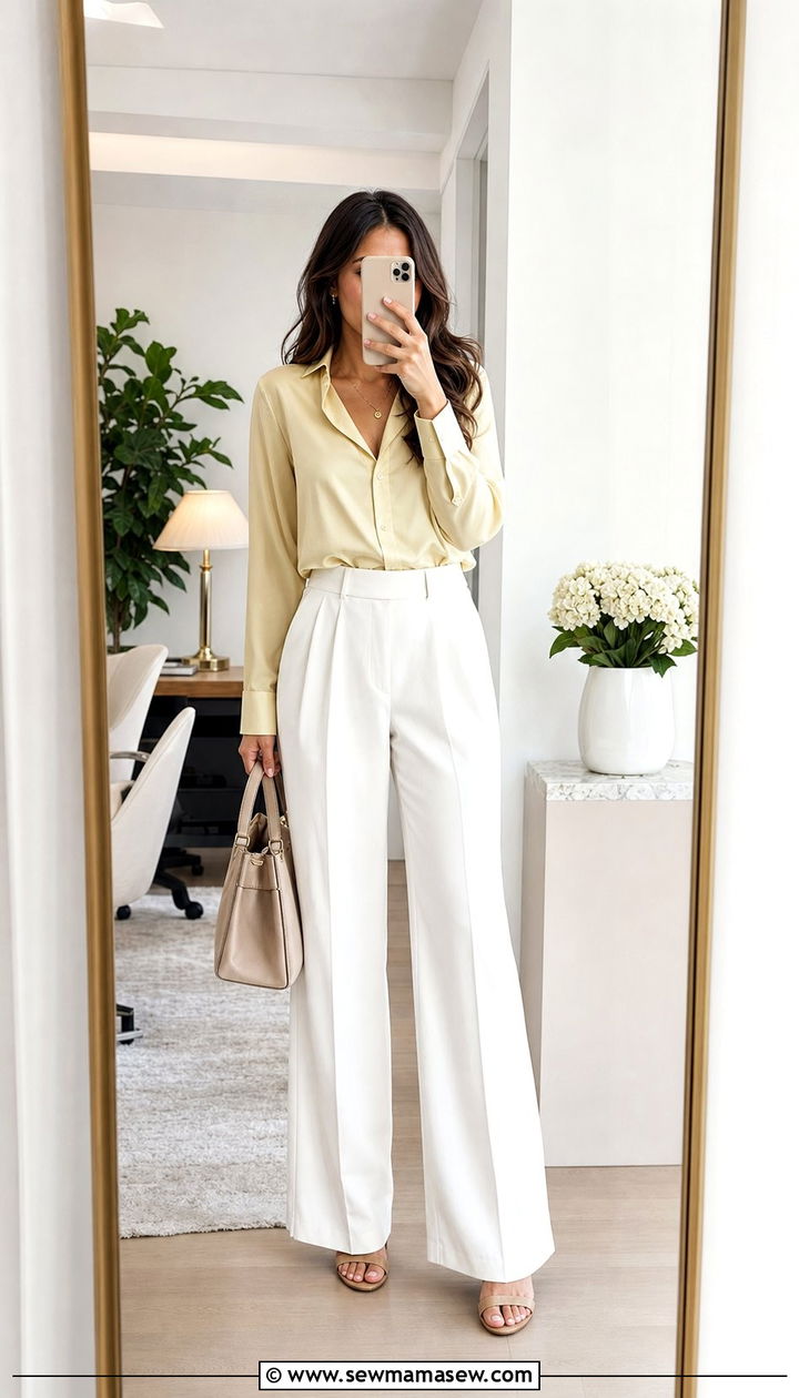 Butter Yellow Blouse With White Wide Leg Trousers - 35 Butter yellow summer outfit ideas