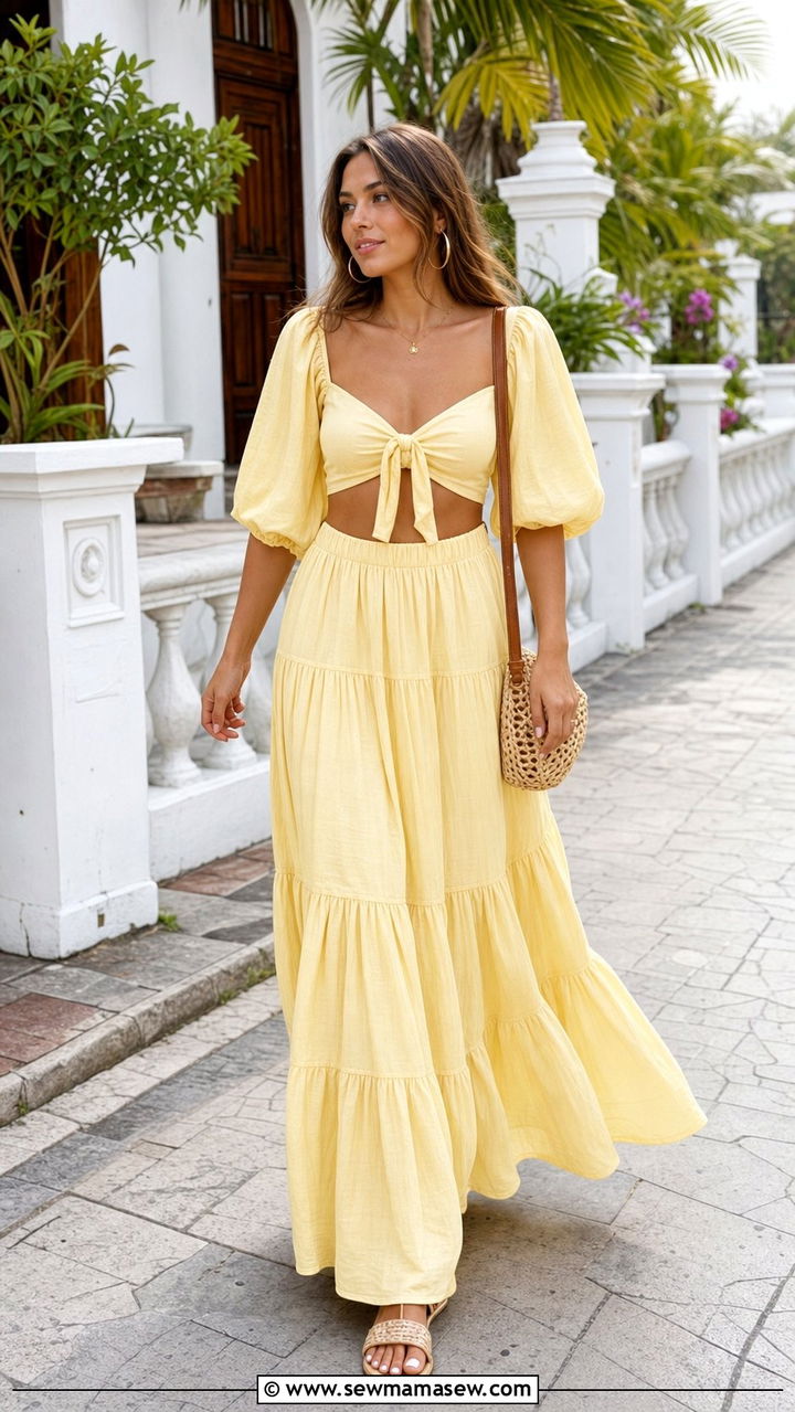 Butter Yellow Boho Matching Set with Woven Sandals - 35 Boho summer outfit ideas 2026