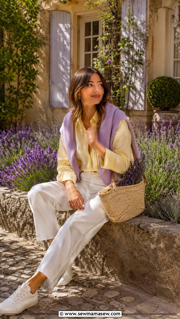 Butter Yellow Button Up Shirt With White Jeans And Lavender Sweater - 25 Provence outfit ideas