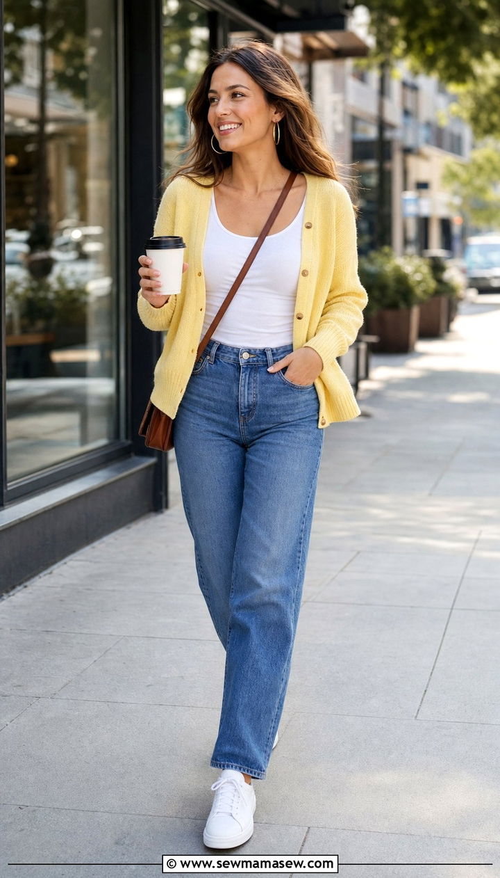Butter Yellow Cardigan Over White Tank And Straight Leg Jeans - 35 Butter yellow summer outfit ideas