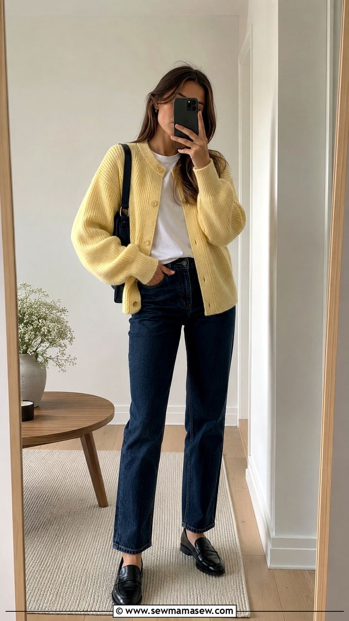 Butter Yellow Cardigan With Dark Wash Jeans - 30 Butter yellow outfit ideas