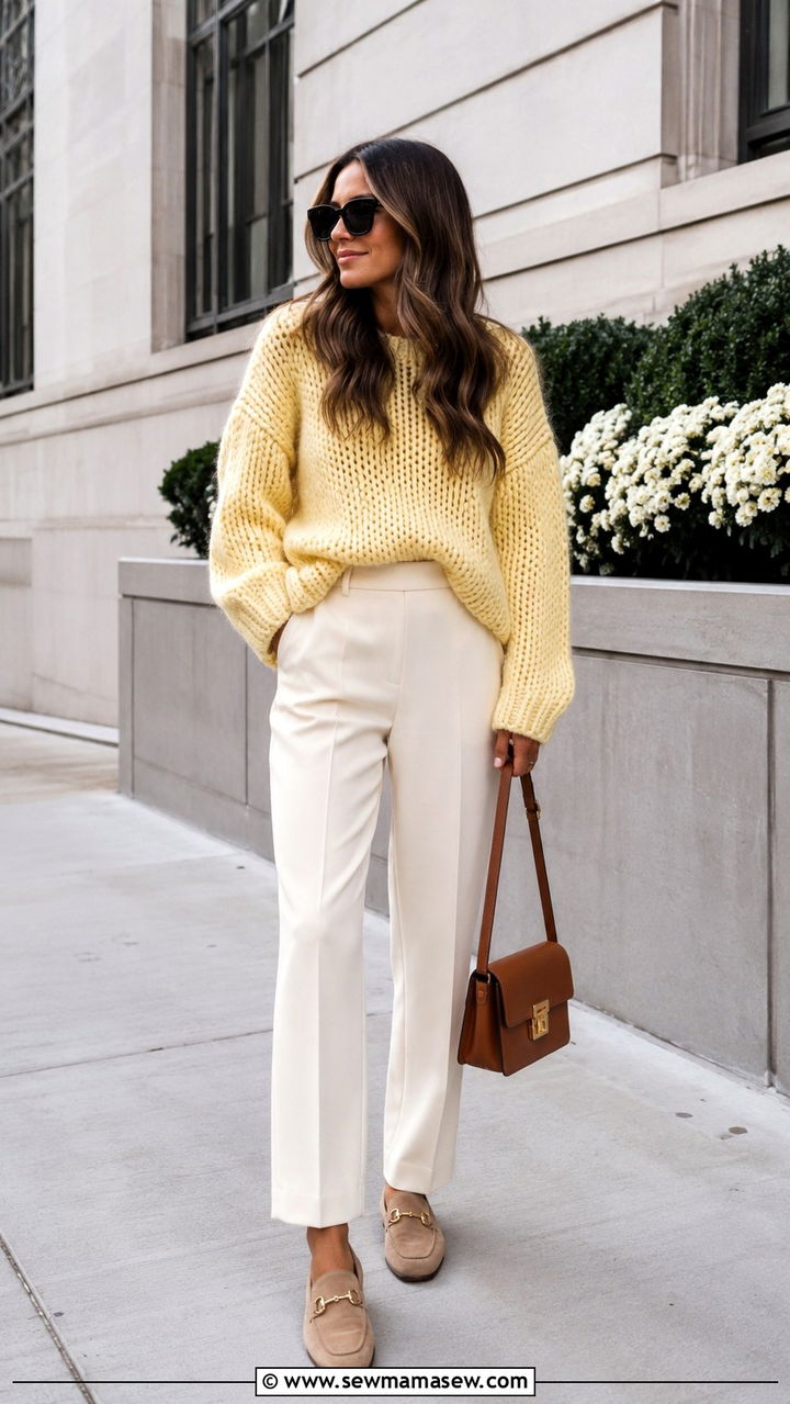 Butter Yellow Chunky Knit Sweater With Cream Trousers - 30 Butter yellow outfit ideas