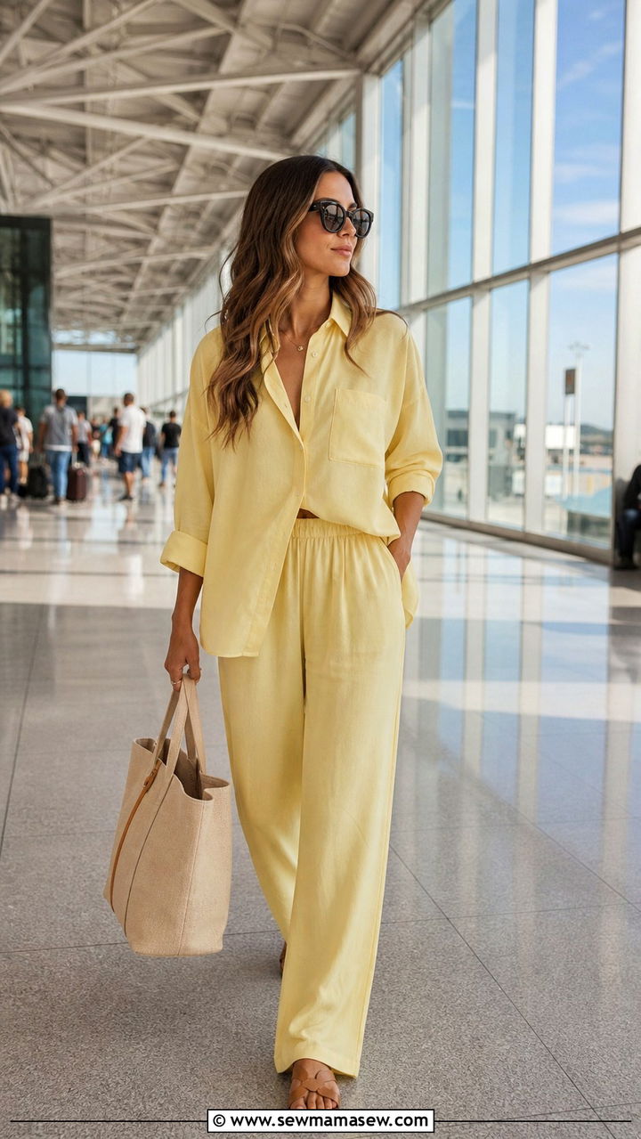 Butter Yellow Co Ord Set With Flat Sandals - 40 summer airport outfit ideas