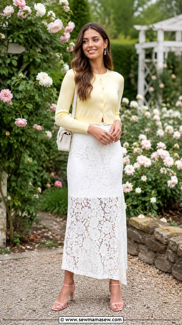 Butter Yellow Cropped Cardigan With White Maxi Skirt - 30 Butter yellow outfit ideas