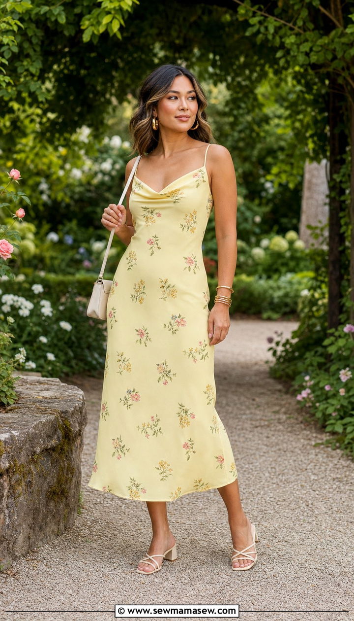 Butter Yellow Floral Slip Dress With Block Heels - 35 Butter yellow summer outfit ideas
