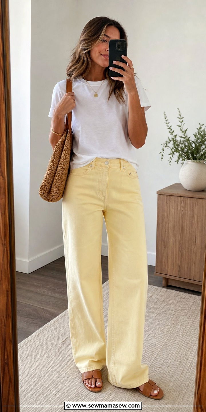 Butter Yellow Jeans With White Tee And Sandals - 25 Summer 2026 fashion trends women