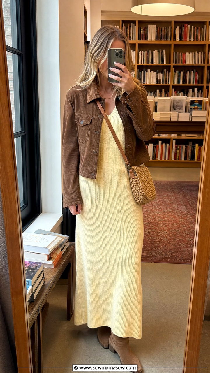 Butter Yellow Knit Maxi Dress With Suede Jacket - 25 Butter yellow outfit ideas 2026