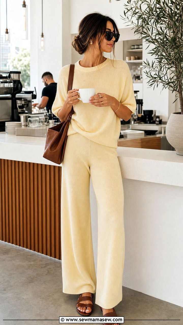 Butter Yellow Knit Set With Brown Sandals - 35 Butter yellow summer outfit ideas