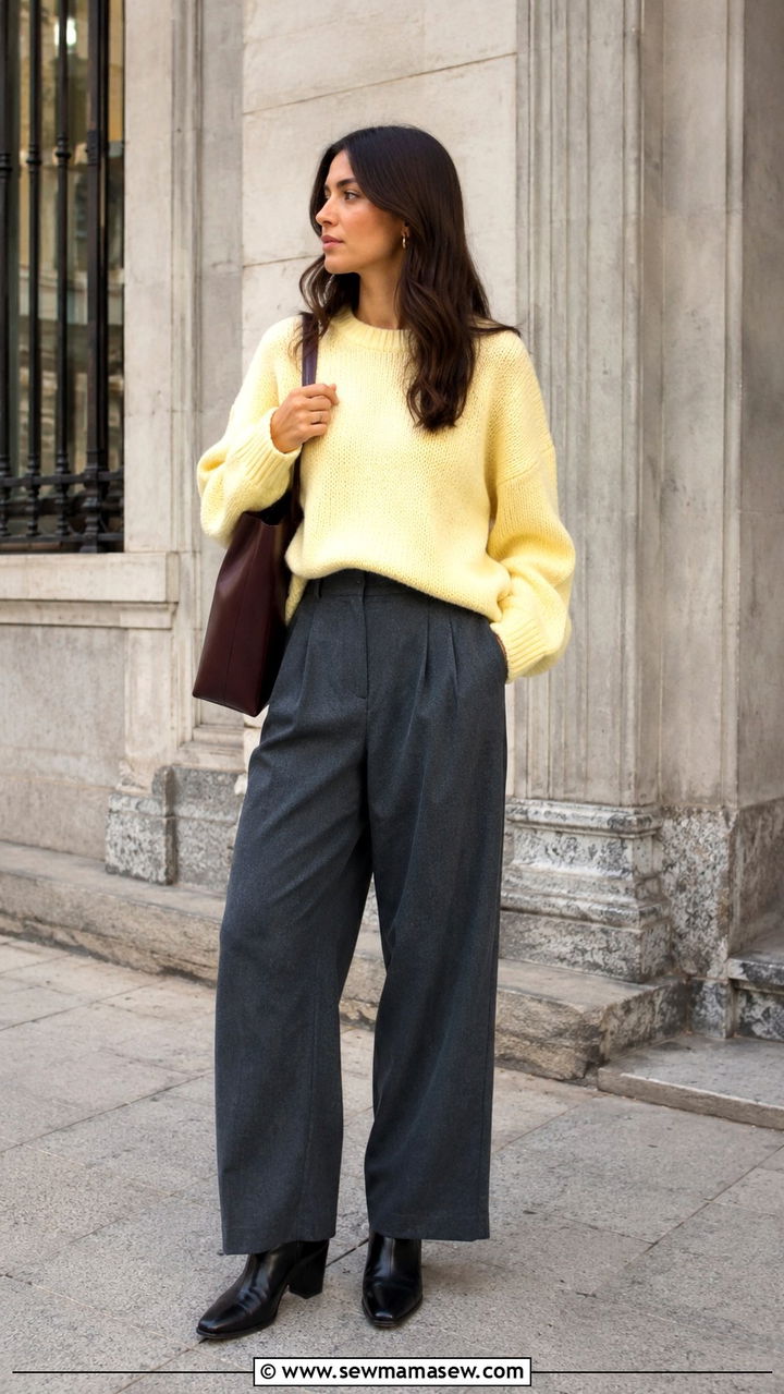 Butter Yellow Knit With Gray Wide Leg Pants - 20 March outfit ideas 2026