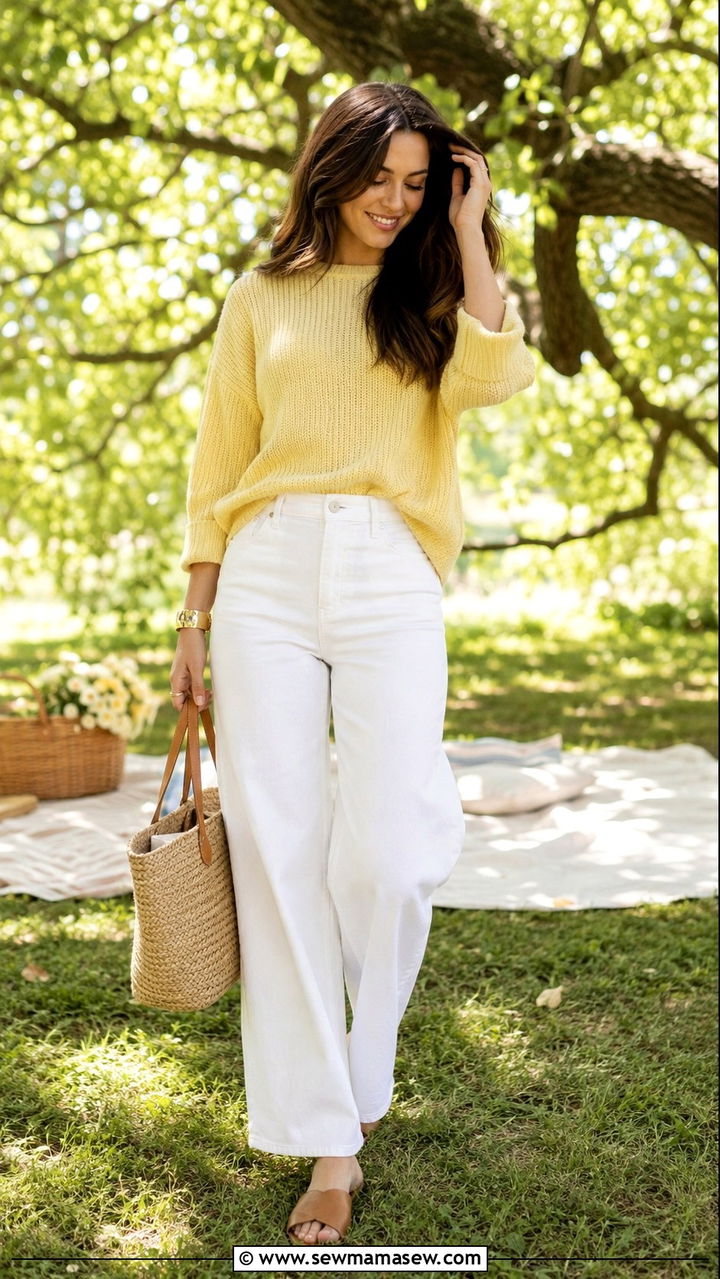 Butter Yellow Knit with White Jeans - 30 casual romantic outfits