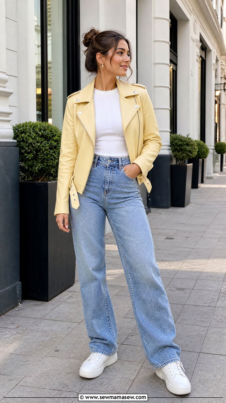 Butter Yellow Leather Jacket With White Tee And Jeans - 25 Butter yellow outfit ideas 2026