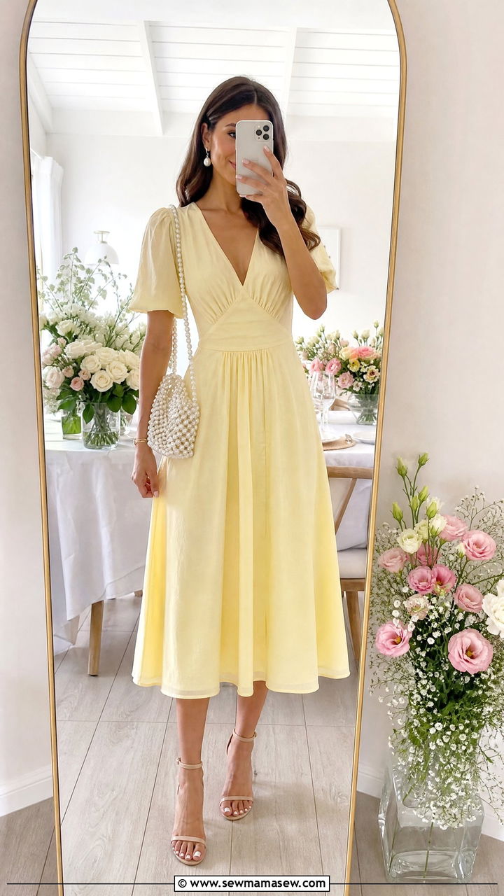 Butter Yellow Midi Dress With Nude Heels - 30 summer midi dress outfit ideas