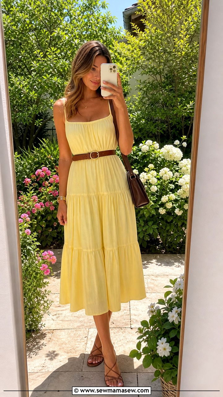 Butter Yellow Midi Dress with Brown Accessories Outfit - 25 spring outfits 2026 women for women