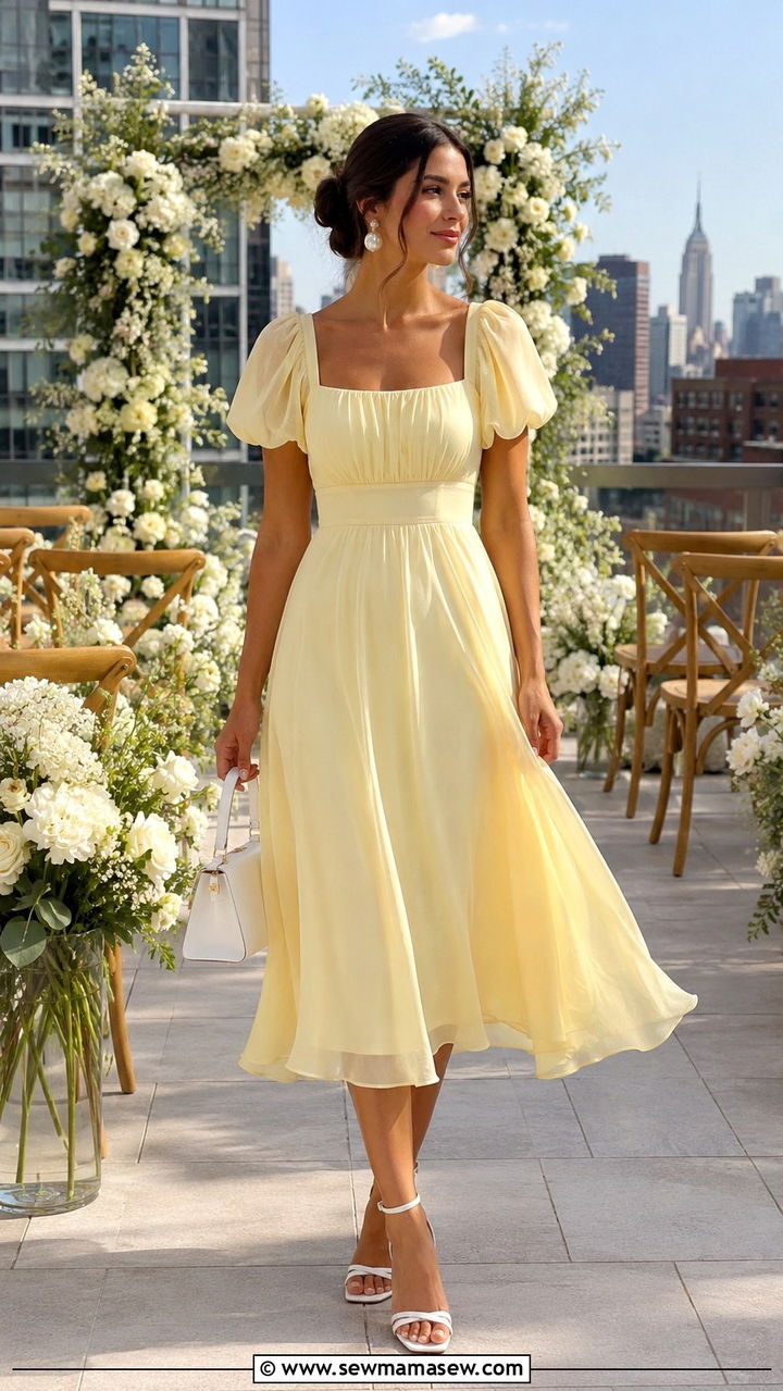 Butter Yellow Midi Dress with White Accessories for Rooftop Wedding - 30 Rooftop wedding guest outfit ideas