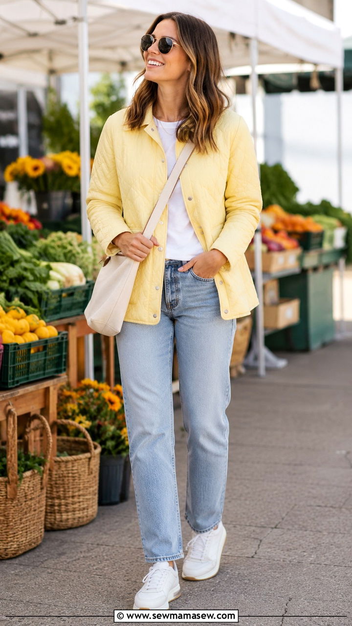 Butter Yellow Quilted Jacket With Straight Leg Jeans - 30 Butter yellow outfit ideas