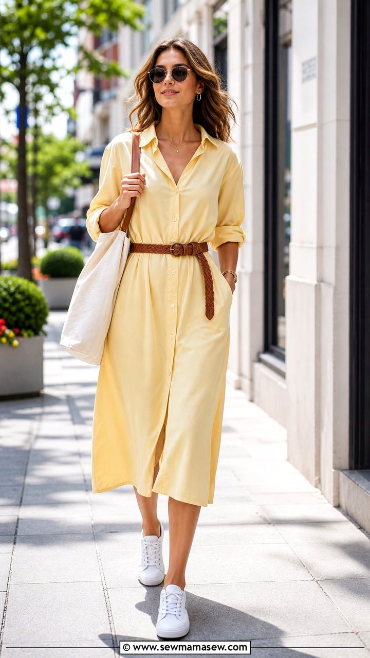 Butter Yellow Shirt Dress With Braided Belt - 35 Butter yellow summer outfit ideas