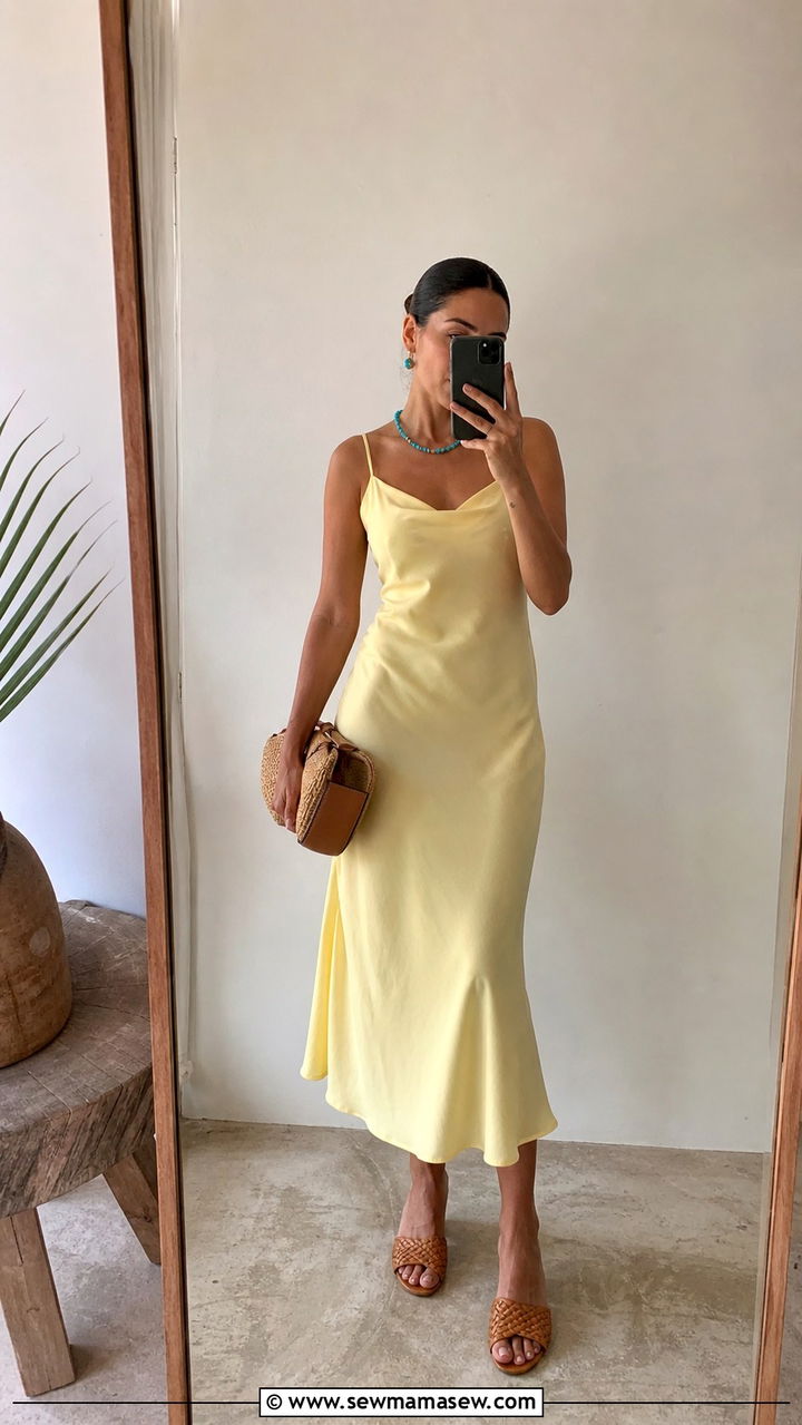 Butter Yellow Slip Dress With Woven Mules - 40 summer outfits 2026