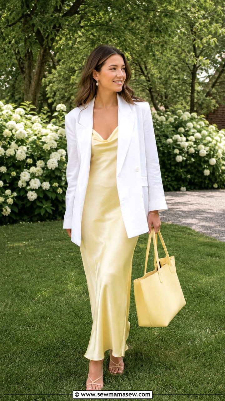 Butter Yellow Slip Dress with White Blazer - 30 Graduation party outfit ideas