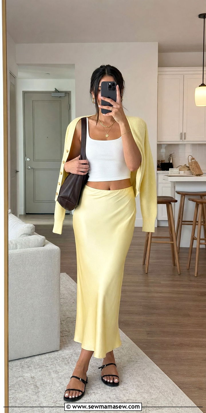 Butter Yellow Slip Skirt With White Cropped Tank - 35 Butter yellow summer outfit ideas
