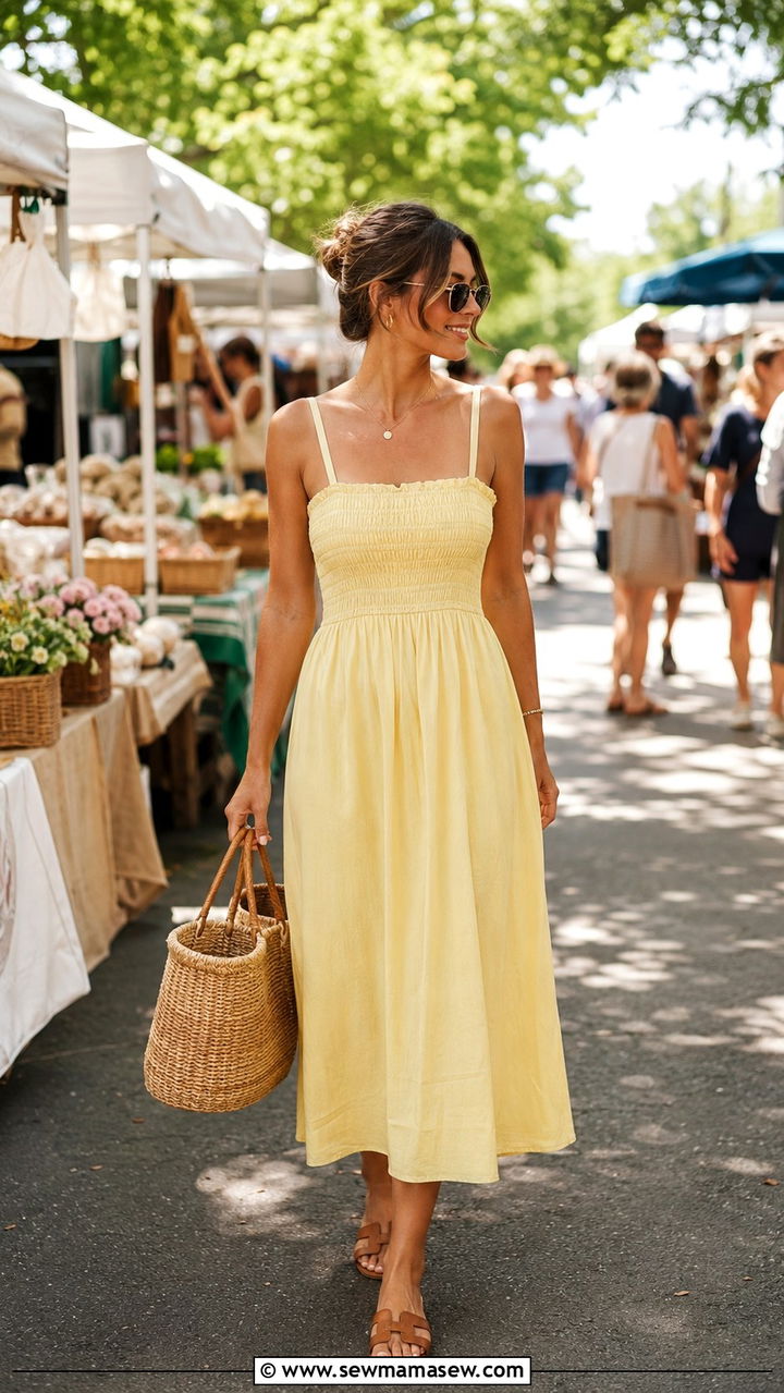 Butter Yellow Sundress With Basket Bag Summer Outfit 2026 - 20 summer outfits 2026 women Pinterest