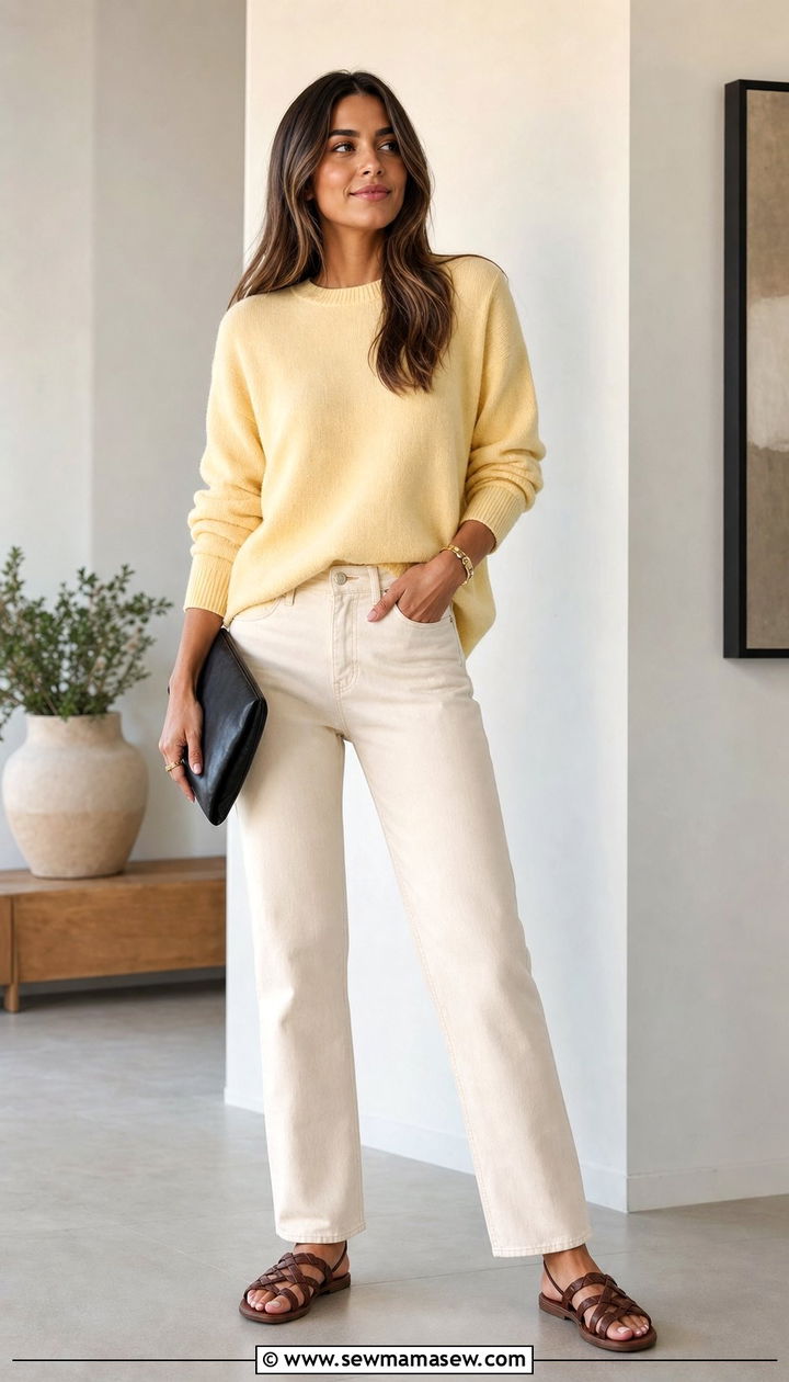 Butter Yellow Sweater With Cream Jeans Outfit - 25 Early April outfit ideas