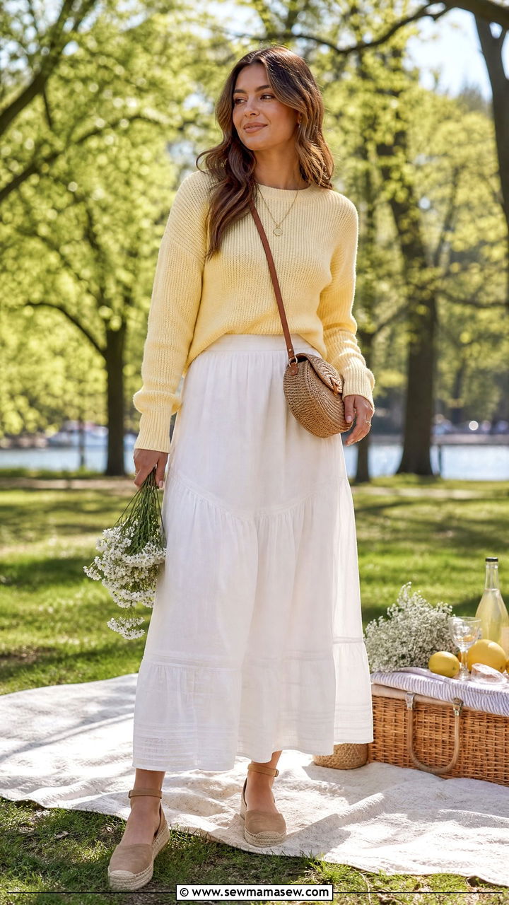 Butter Yellow Sweater With White Maxi Skirt - 25 Butter yellow outfit ideas 2026