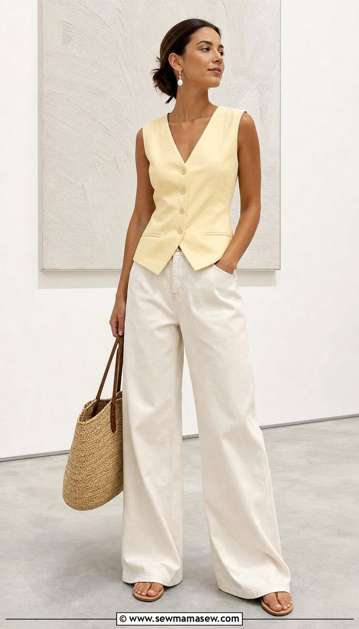 Butter Yellow Tailored Vest With Ecru Denim - 35 Butter yellow summer outfit ideas