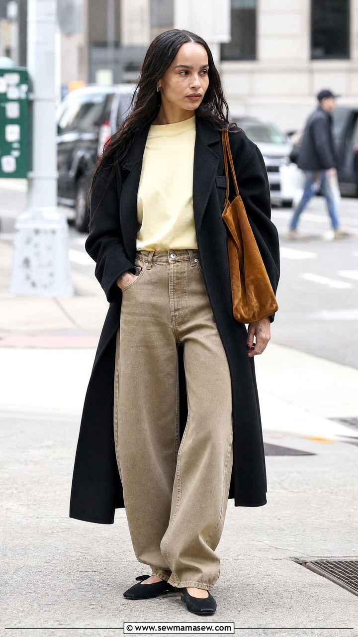 Butter Yellow Tee and Baggy Khaki Jeans With High Vamp Flats - 20 Zoe Kravitz spring outfit ideas
