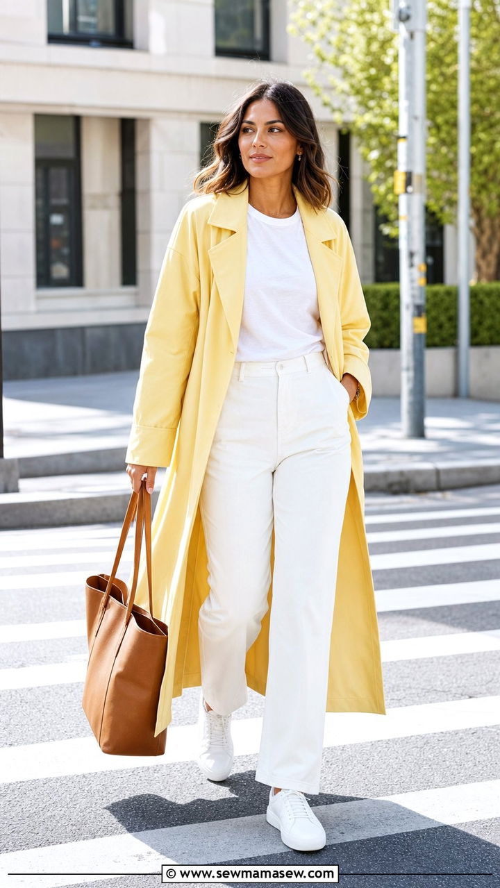 Butter Yellow Trench Coat Over All White Basics - 35 Butter yellow summer outfit ideas