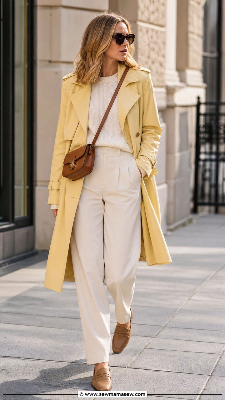 Butter Yellow Trench Coat With Cream Trousers - 25 Butter yellow outfit ideas 2026
