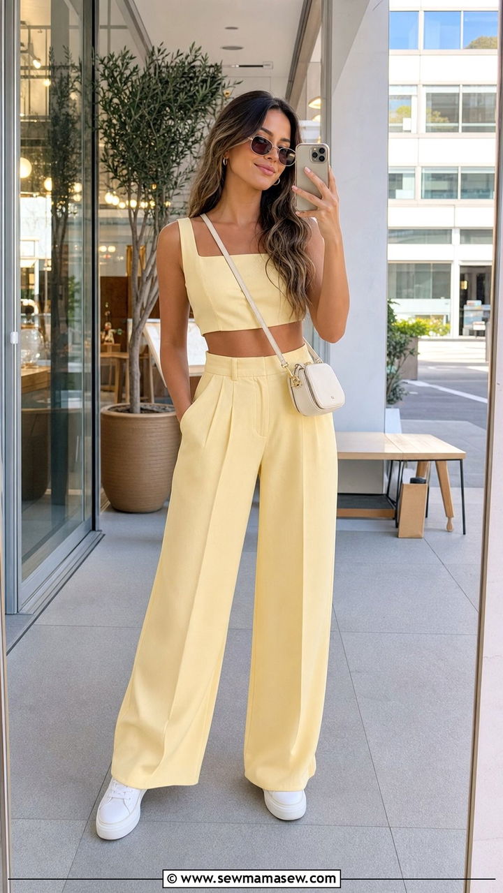 Butter Yellow Two Piece Matching Set With White Sneakers - 35 Butter yellow summer outfit ideas
