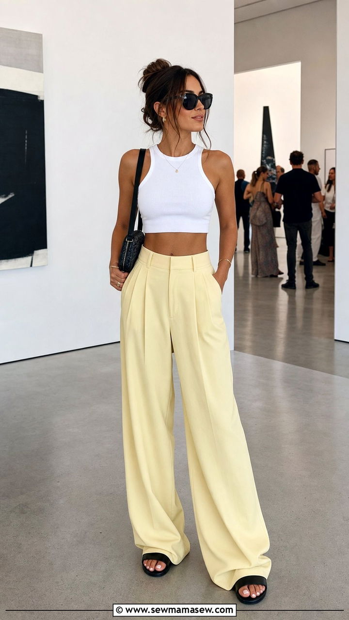 Butter Yellow Wide Leg Trousers With White Cropped Tank - 35 Butter yellow summer outfit ideas