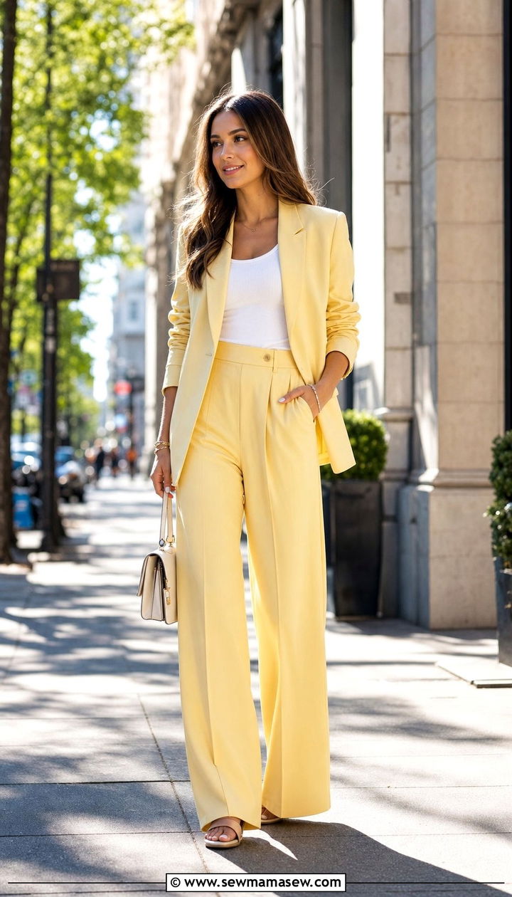 Butter Yellow Wide Leg Trousers with Matching Jacket - 25 Early March outfit ideas