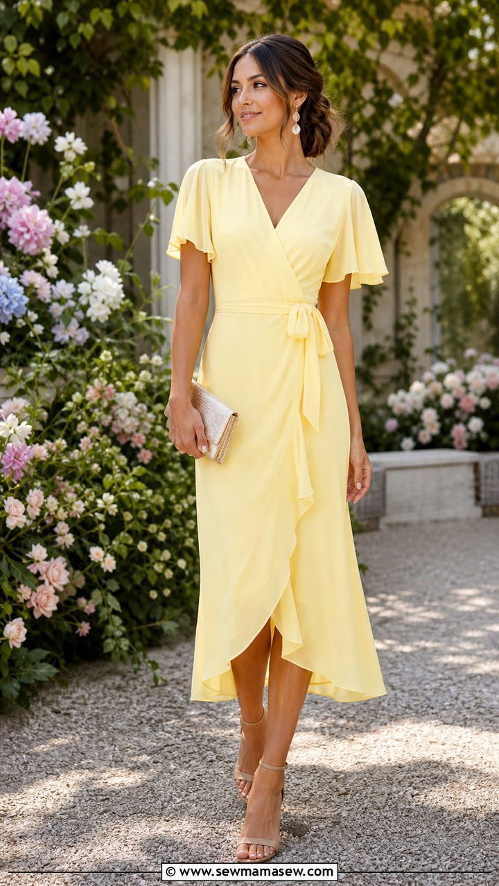 Butter Yellow Wrap Midi Dress For Wedding Guest - 35 Butter yellow summer outfit ideas