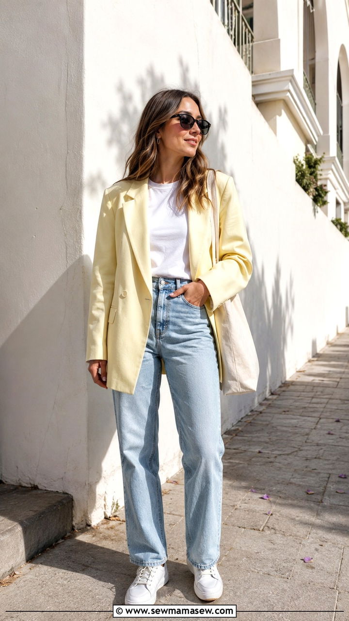 Butter yellow blazer with white tee and light wash jeans - 30 Spring minimalist outfits 2026