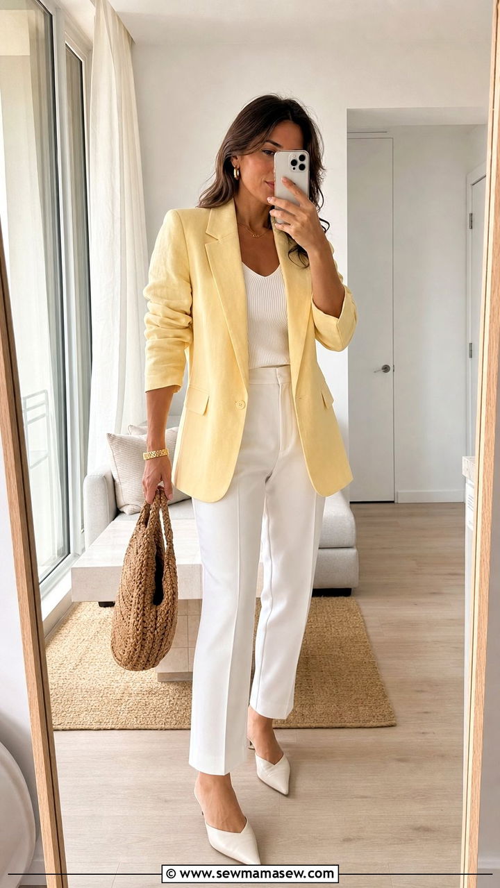 Butter yellow blazer with white trousers outfit - 25 spring outfits 2026 women Pinterest