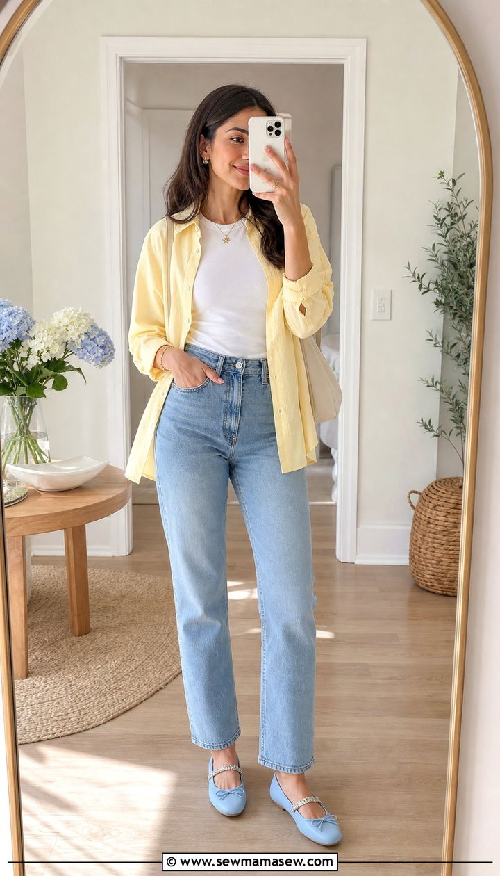 Butter yellow button up shirt with white tee and baby blue ballet flats - 25 Sofia Richie spring outfit ideas