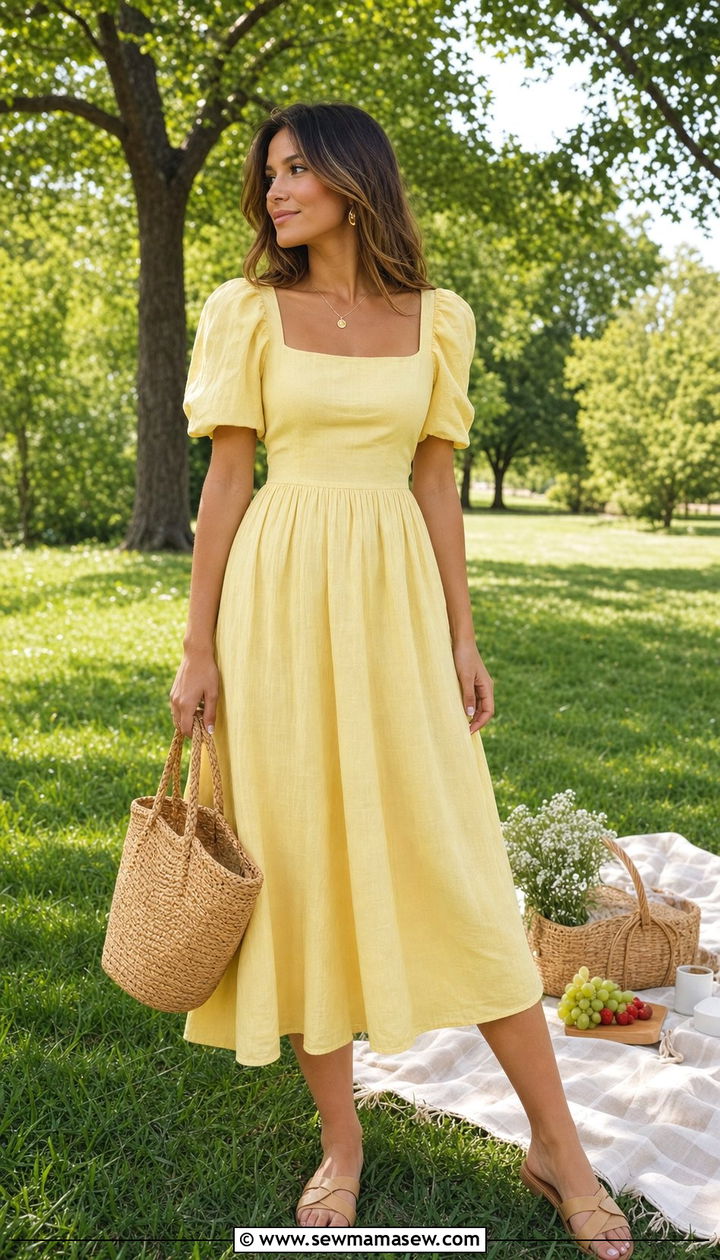 Butter yellow dress and neutral sandals outfit - 25 spring to summer outfits inspo