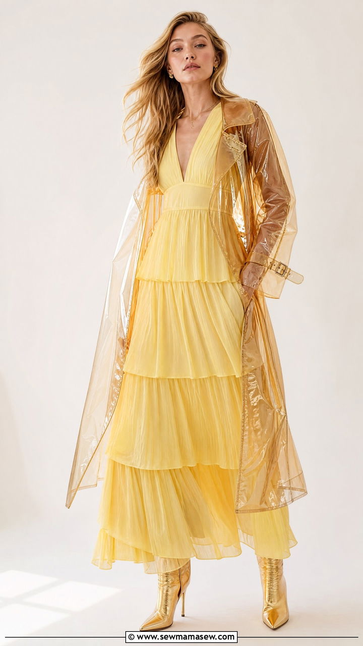 Butter yellow maxi dress with a transparent trench coat - 35 Gigi Hadid spring outfit ideas