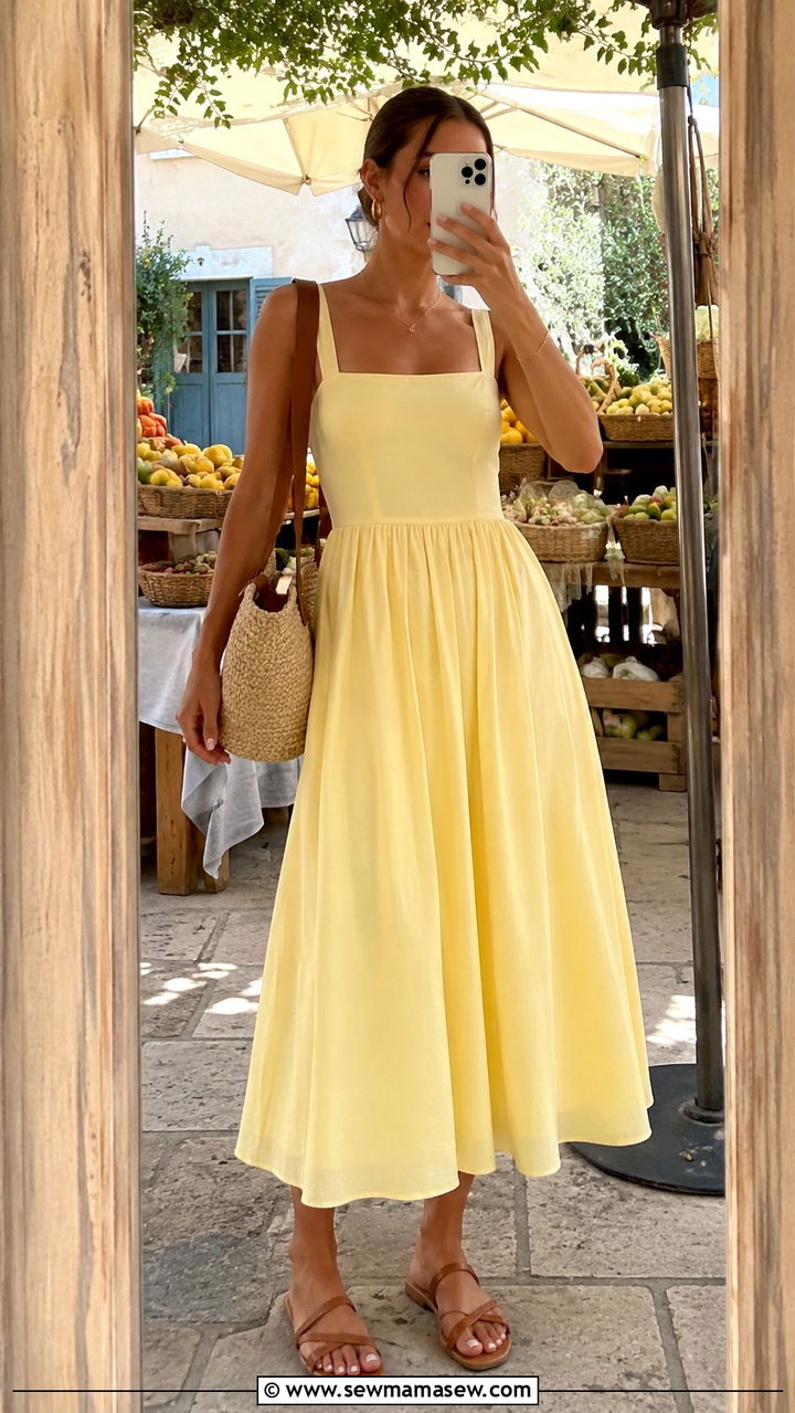 Butter yellow midi dress with flat sandals - 25 Trendy spring outfit ideas 2026