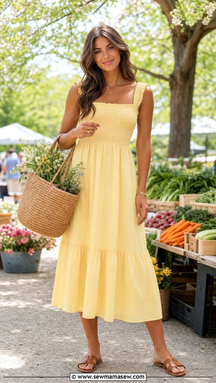 Butter yellow midi dress with flat sandals - 25 Spring outfits for 30 year old woman