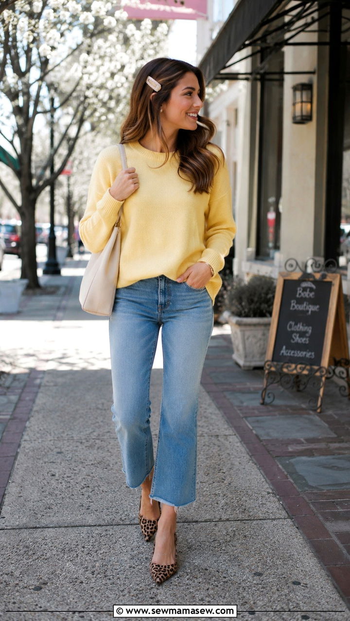 Butter yellow sweater with raw hem cropped flare jeans - 30 Spring outfits with light sweaters